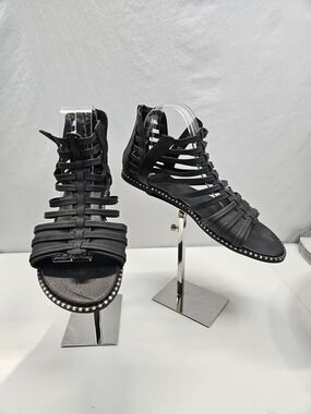 Women's Black Strappy Gladiator Sandals with Studded Trim